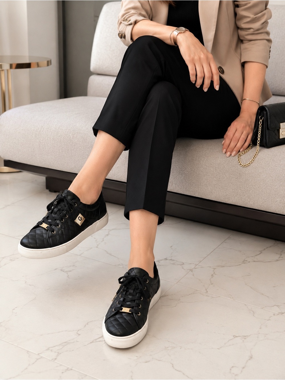 Quilted Black Leather Low-Top Women's Sneakers